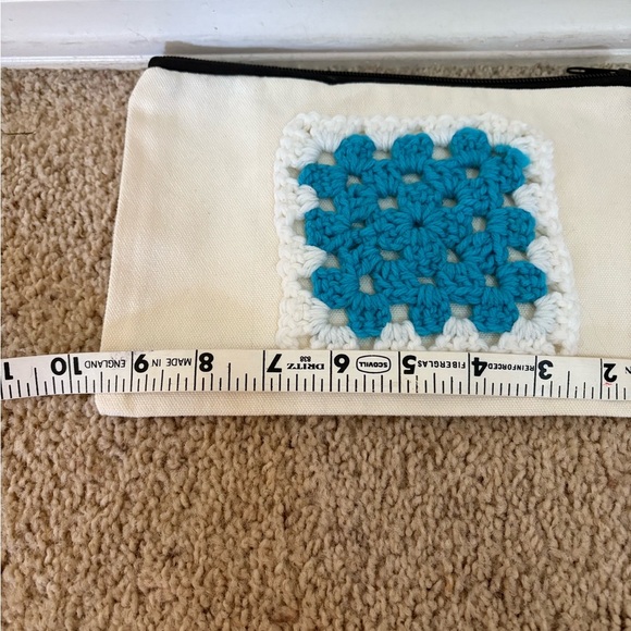 Upcycled Handmade Crochet Accent Pouch - Cream and Blue - Picture 2 of 3